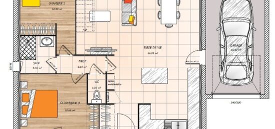 Plan de maison Surface terrain 74 m2 - 4 pièces - 2  chambres -  avec garage 