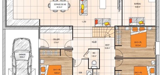 Plan de maison Surface terrain 104 m2 - 5 pièces - 4  chambres -  avec garage 