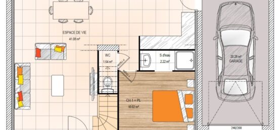 Plan de maison Surface terrain 108 m2 - 5 pièces - 5  chambres -  avec garage 