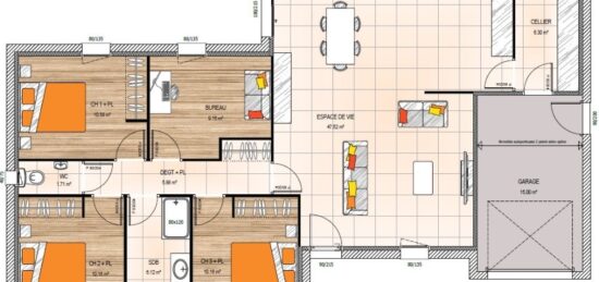 Plan de maison Surface terrain 105 m2 - 5 pièces - 3  chambres -  avec garage 
