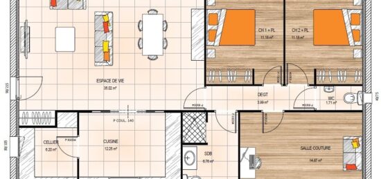 Plan de maison Surface terrain 100 m2 - 5 pièces - 3  chambres -  sans garage 