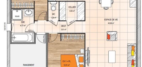 Plan de maison Surface terrain 75 m2 - 5 pièces - 2  chambres -  sans garage 