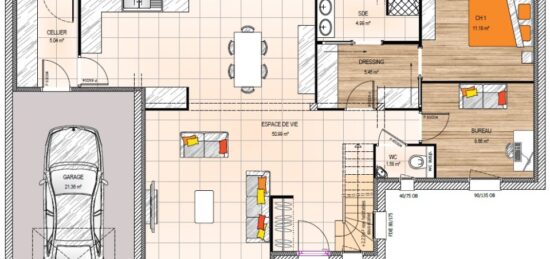 Plan de maison Surface terrain 119 m2 - 5 pièces - 3  chambres -  avec garage 
