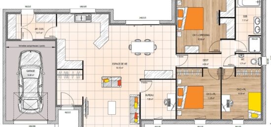Plan de maison Surface terrain 115 m2 - 5 pièces - 3  chambres -  avec garage 