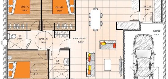 Plan de maison Surface terrain 85 m2 - 5 pièces - 3  chambres -  avec garage 