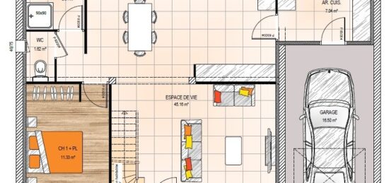 Plan de maison Surface terrain 125 m2 - 5 pièces - 4  chambres -  avec garage 