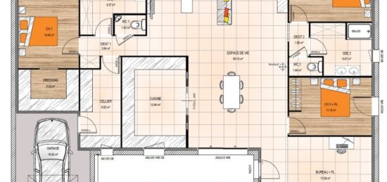 Plan de maison Surface terrain 150 m2 - 6 pièces - 3  chambres -  avec garage 