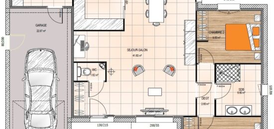 Plan de maison Surface terrain 90 m2 - 4 pièces - 2  chambres -  avec garage 