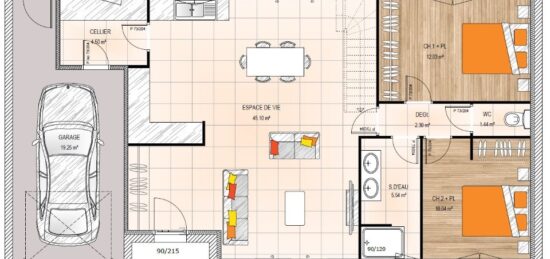Plan de maison Surface terrain 81 m2 - 4 pièces - 2  chambres -  avec garage 
