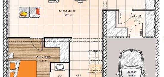 Plan de maison Surface terrain 135 m2 - 6 pièces - 4  chambres -  avec garage 