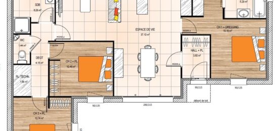 Plan de maison Surface terrain 95 m2 - 5 pièces - 3  chambres -  sans garage 