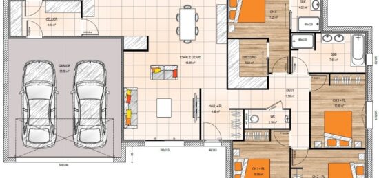 Plan de maison Surface terrain 126 m2 - 6 pièces - 4  chambres -  avec garage 