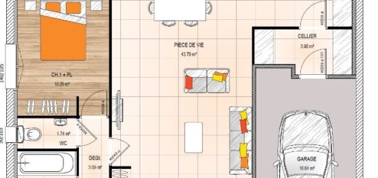 Plan de maison Surface terrain 92 m2 - 5 pièces - 3  chambres -  avec garage 