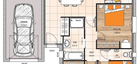 Plan de maison Surface terrain 88 m2 - 5 pièces - 3  chambres -  avec garage 