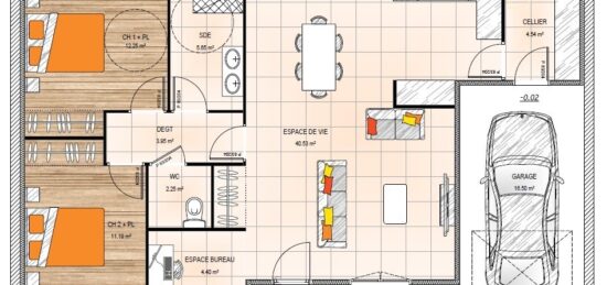 Plan de maison Surface terrain 85 m2 - 4 pièces - 2  chambres -  avec garage 