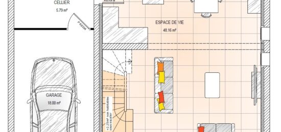 Plan de maison Surface terrain 90 m2 - 5 pièces - 3  chambres -  avec garage 