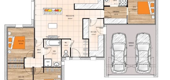 Plan de maison Surface terrain 121 m2 - 5 pièces - 4  chambres -  avec garage 