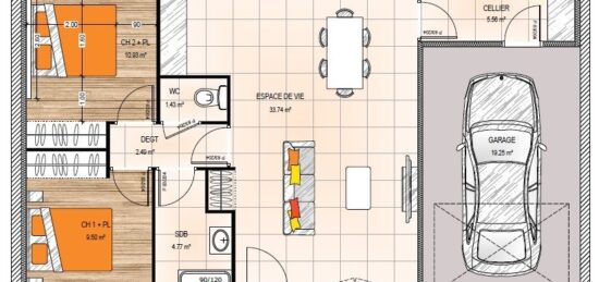 Plan de maison Surface terrain 68 m2 - 4 pièces - 2  chambres -  avec garage 