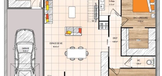 Plan de maison Surface terrain 98 m2 - 4 pièces - 2  chambres -  avec garage 