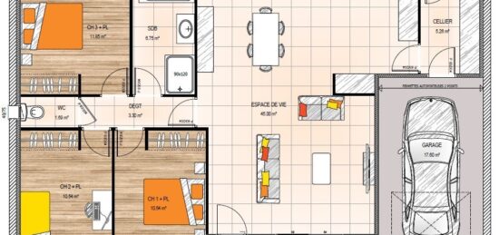 Plan de maison Surface terrain 94 m2 - 5 pièces - 3  chambres -  avec garage 