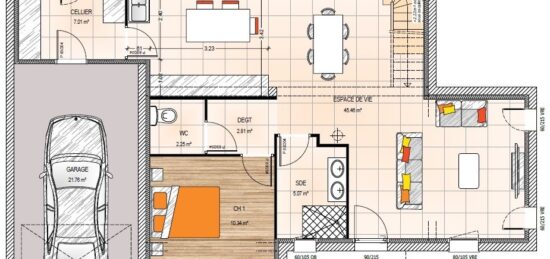 Plan de maison Surface terrain 121 m2 - 6 pièces - 4  chambres -  avec garage 