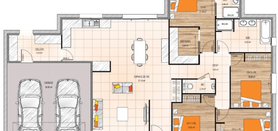 Plan de maison Surface terrain 126 m2 - 6 pièces - 4  chambres -  avec garage 