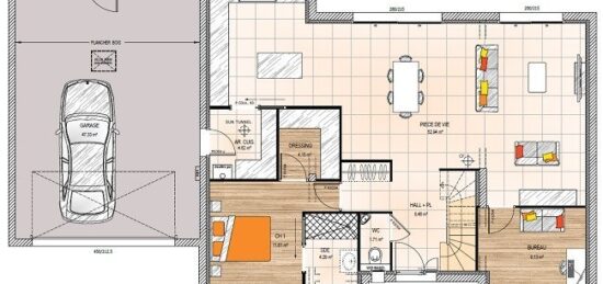 Plan de maison Surface terrain 129 m2 - 6 pièces - 3  chambres -  avec garage 
