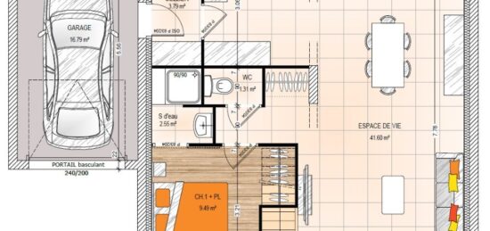 Plan de maison Surface terrain 102.22 m2 - 5 pièces - 4  chambres -  avec garage 