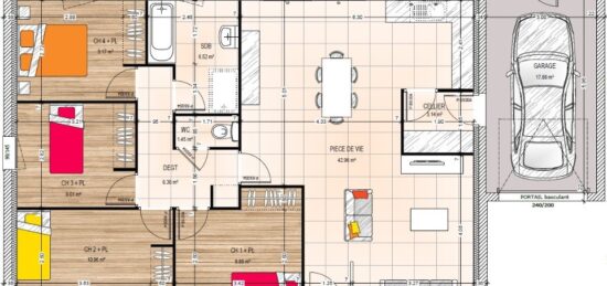 Plan de maison Surface terrain 99.45 m2 - 5 pièces - 4  chambres -  avec garage 