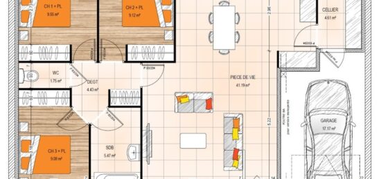 Plan de maison Surface terrain 85.2 m2 - 5 pièces - 3  chambres -  avec garage 
