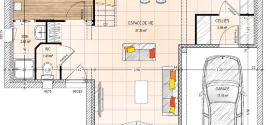 Plan de maison Surface terrain 99.13 m2 - 6 pièces - 4  chambres -  avec garage 