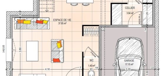 Plan de maison Surface terrain 87.23 m2 - 5 pièces - 3  chambres -  avec garage 