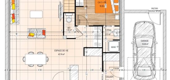 Plan de maison Surface terrain 97.66 m2 - 6 pièces - 4  chambres -  avec garage 