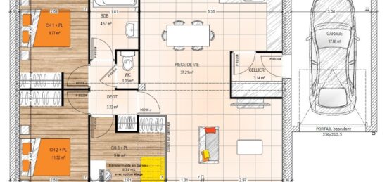 Plan de maison Surface terrain 111.05 m2 - 5 pièces - 5  chambres -  avec garage 