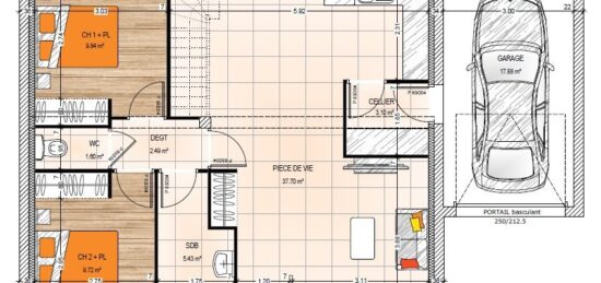 Plan de maison Surface terrain 69.88 m2 - 4 pièces - 2  chambres -  avec garage 