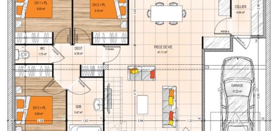 Plan de maison Surface terrain 85.14 m2 - 5 pièces - 3  chambres -  avec garage 