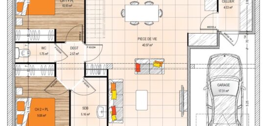 Plan de maison Surface terrain 99.33 m2 - 4 pièces - 4  chambres -  avec garage 