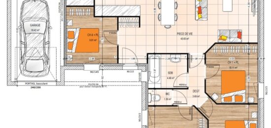 Plan de maison Surface terrain 96.29 m2 - 6 pièces - 4  chambres -  avec garage 