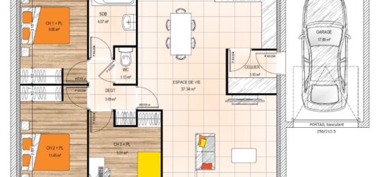 Plan de maison Surface terrain 79.34 m2 - 5 pièces - 3  chambres -  avec garage 