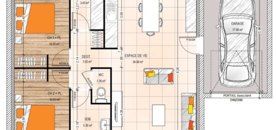 Plan de maison Surface terrain 69.17 m2 - 4 pièces - 2  chambres -  avec garage 