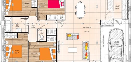 Plan de maison Surface terrain 94.52 m2 - 6 pièces - 4  chambres -  avec garage 