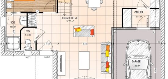 Plan de maison Surface terrain 107.19 m2 - 6 pièces - 5  chambres -  avec garage 