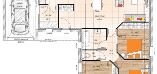 Plan de maison Surface terrain 85.95 m2 - 5 pièces - 3  chambres -  avec garage 