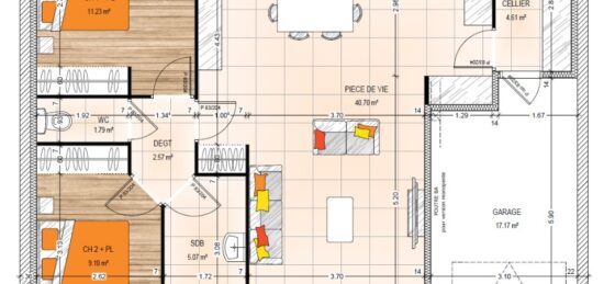 Plan de maison Surface terrain 75.07 m2 - 4 pièces - 2  chambres -  avec garage 