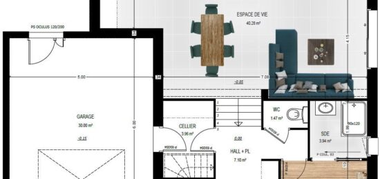 Plan de maison Surface terrain 91 m2 - 4 pièces - 2  chambres -  avec garage 
