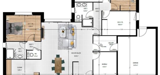 Plan de maison Surface terrain 129 m2 - 5 pièces - 5  chambres -  avec garage 