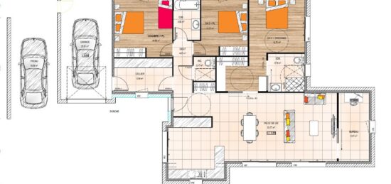 Plan de maison Surface terrain 131 m2 - 5 pièces - 3  chambres -  avec garage 