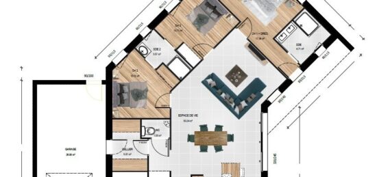 Plan de maison Surface terrain 114 m2 - 6 pièces - 3  chambres -  avec garage 
