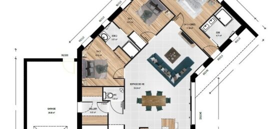 Plan de maison Surface terrain 114 m2 - 6 pièces - 3  chambres -  avec garage 