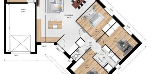 Plan de maison Surface terrain 103 m2 - 5 pièces - 3  chambres -  avec garage 